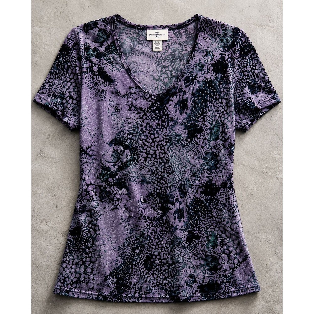 Jaclyn Smith Abstract Print Top Womens Small Purple Black Stretch Knit Tee